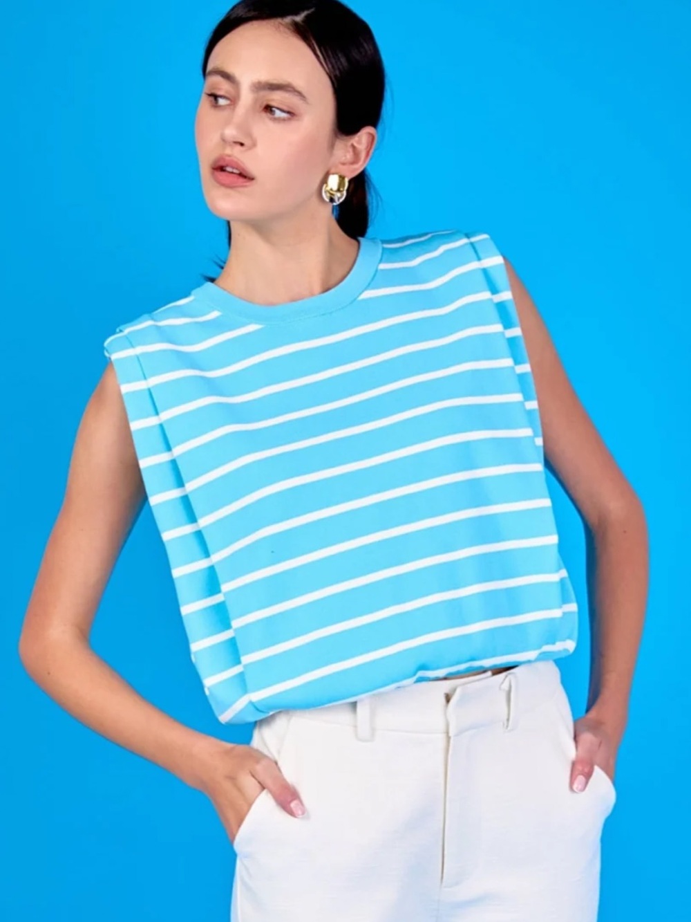 Endless Rose Aqua Stripe Powder Padded Shoulder Sleeveless Top